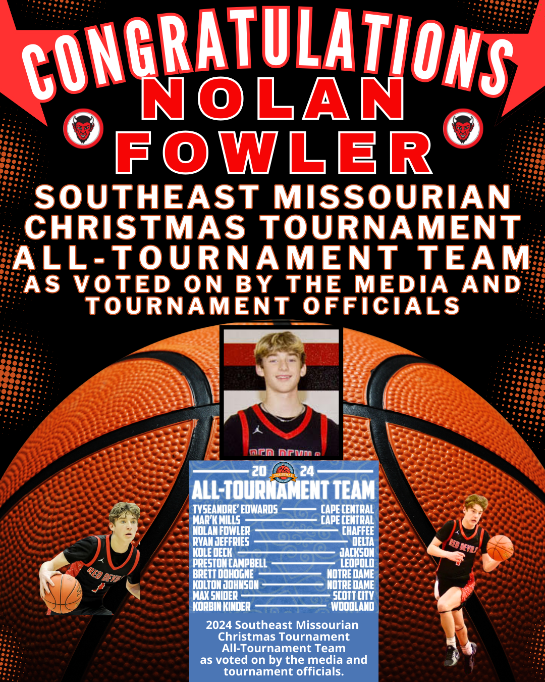 Congratulations Nolan Fowler 2024 SE Missourian Christmas Tournament All-Tournament Team