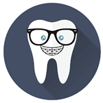 A tooth cartoon wearing glasses