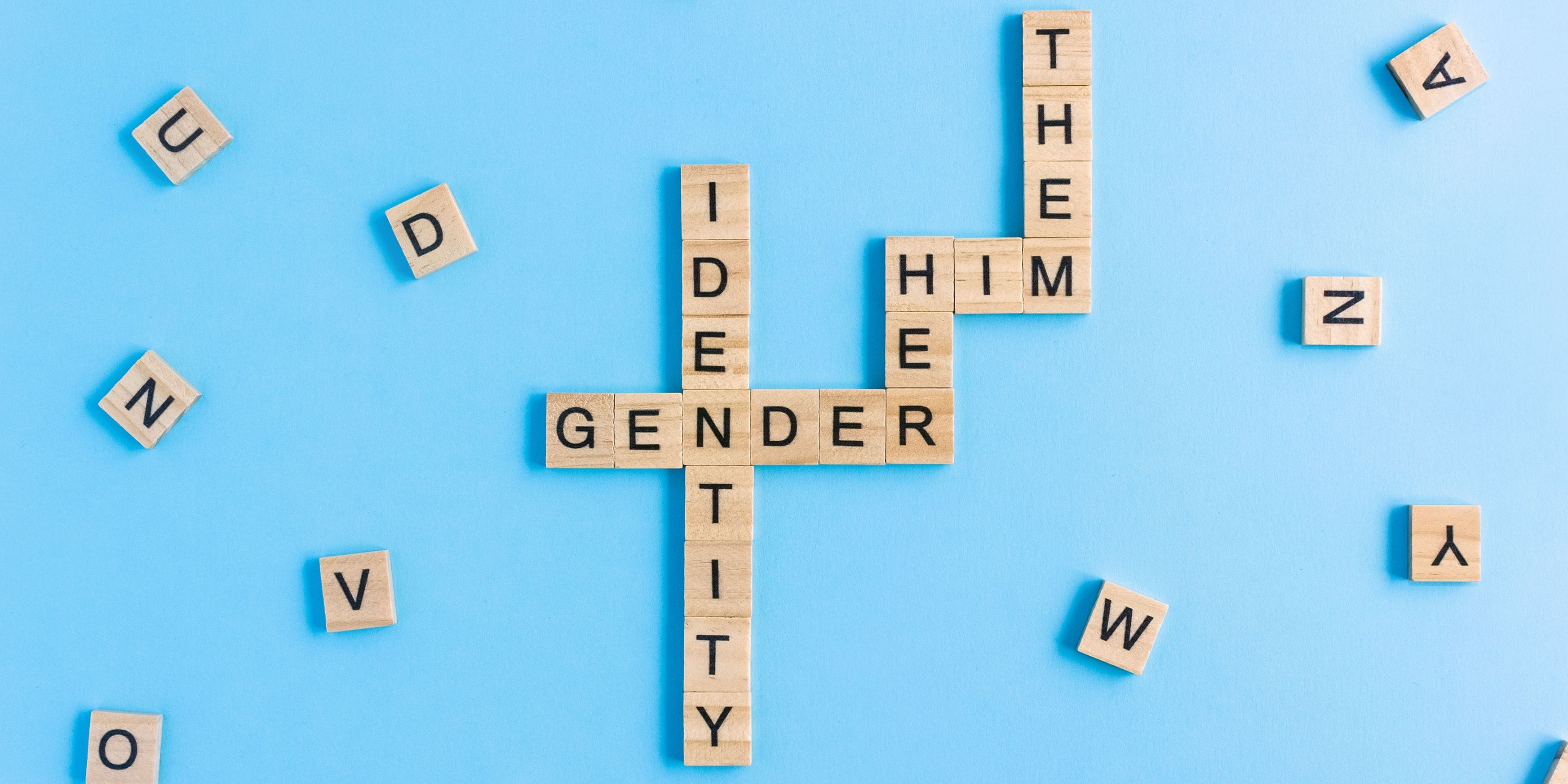 Scrabble Pieces - Words: Gender Identity, She, Him, They