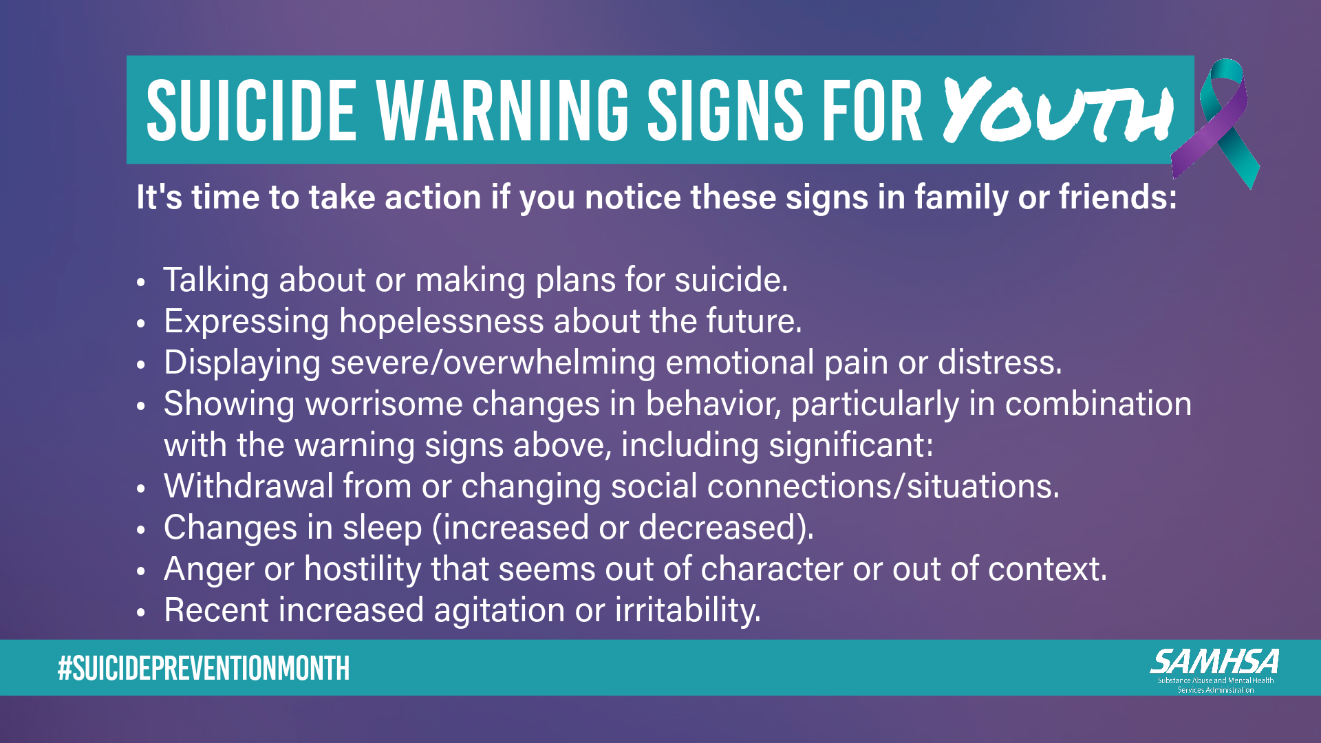 Suicide Warning Signs for Youth It's time to take action if you notice these signs in family or friends: 1 Talking about or making plans for suicide 2Expressing hopelessness about the future 3 Displaying severe/overwhelming emotional pain or distress. 4 Showing worrisome changes in behavior, particularly in combination with the warning signs above, including significant; 5 Withdrawal from  or changing social connections/situations. 6 Changes in sleep (increased or decreased). 7 Anger or hostility that seems out of character or out of context. 8 Recent increased agitation or irritability. 