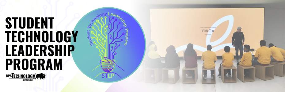 Student Technology Leadership Program  STLP logo. Students pictured sitting listening to a presenter on a field trip