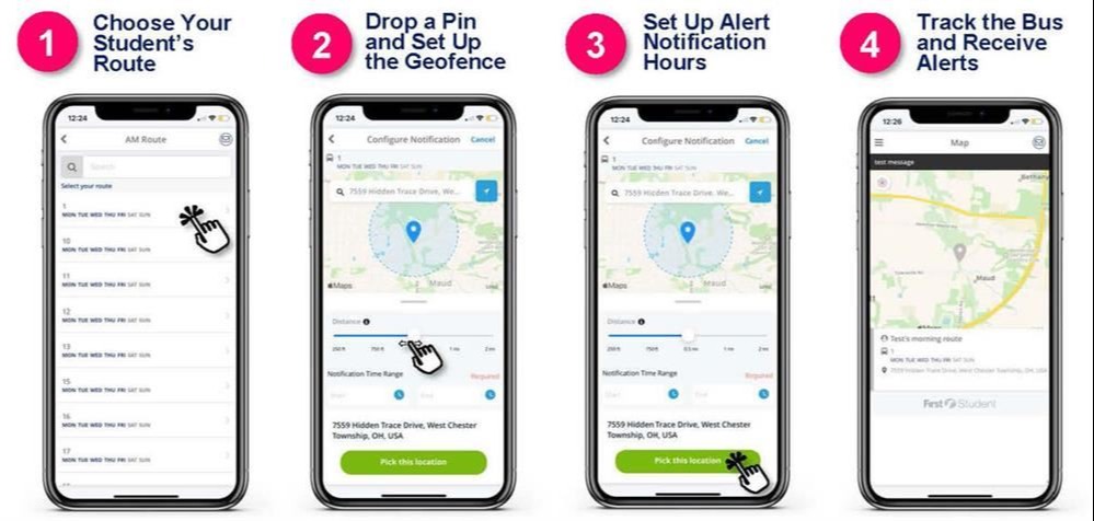 On the App. 1. Choose Your Student's Route. 2. Drop a Pin and Set up the Geofence  3. Set Up Alert Notification hours 4. rack the Bus and Receive Alerts.