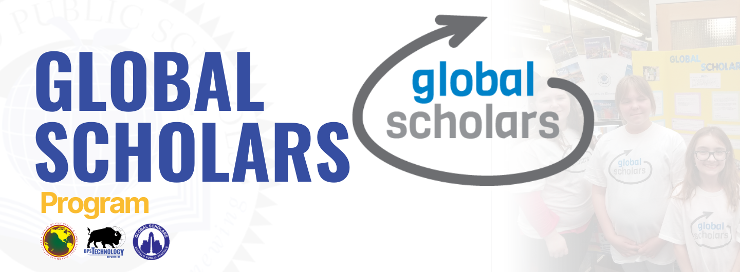 Global scholars, Banner. Logos global scholoars , BPS Technology Logo, CLRI logo Picture of 3 girls wearing global scholars tee shirts
