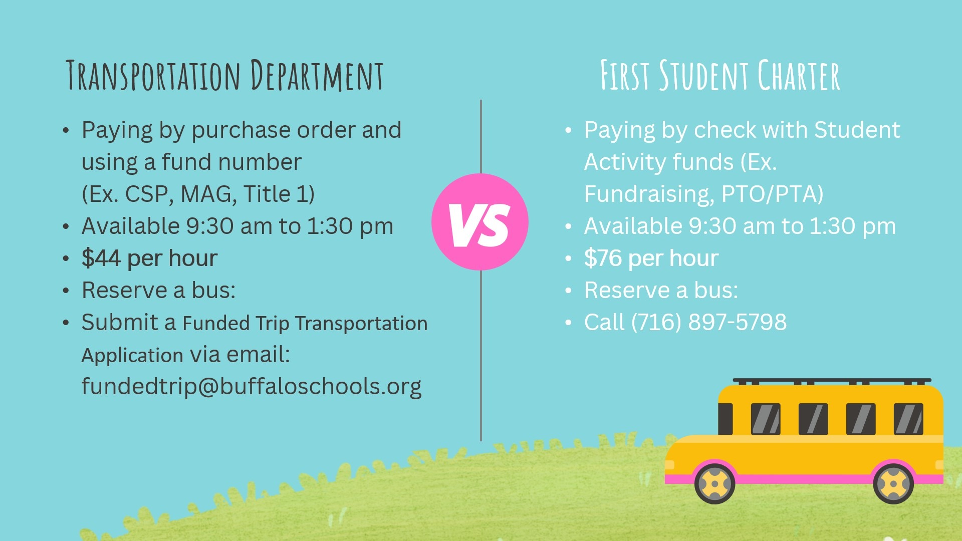 TRANSPORTATION DEPARTMENT •  Paying by purchase order and using a fund number (Ex. CSP, MAG, Title 1) Available 9:30 am to 1:30 pm • $44 per hour • Reserve a bus:Submit a Funded Trip Transportation Application via email: fundedtrip@buffaloschools.org  VS  FIRST STUDENT CHARTER Paying by check with Student Activity funds (Ex. Fundraising, PTO/PTA) Available 9:30 am to 1:30 pm $76 per hour Reserve a bus: Call (716) 897-5798