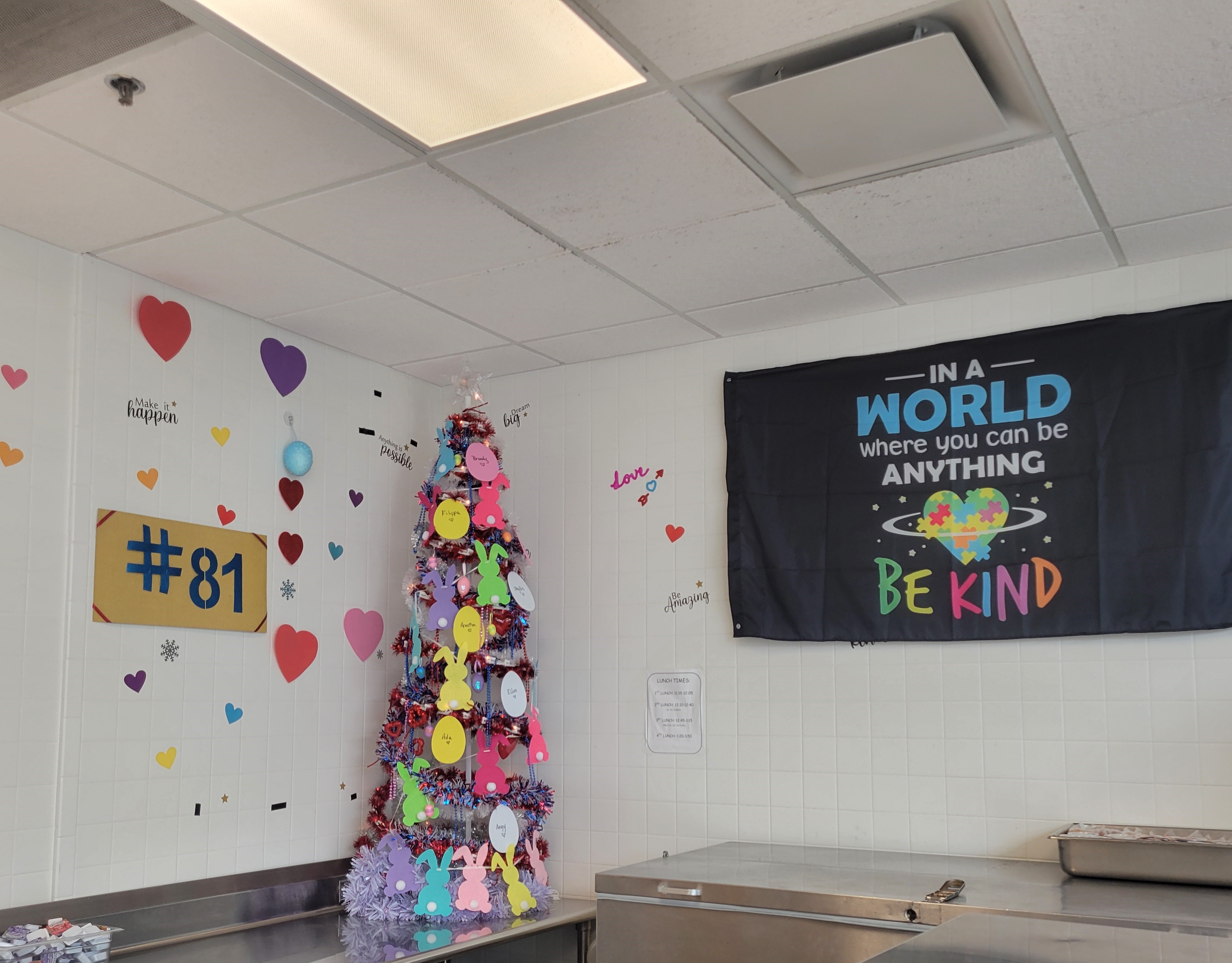 School 81 cafeteria decorated for Valentine's and Easter