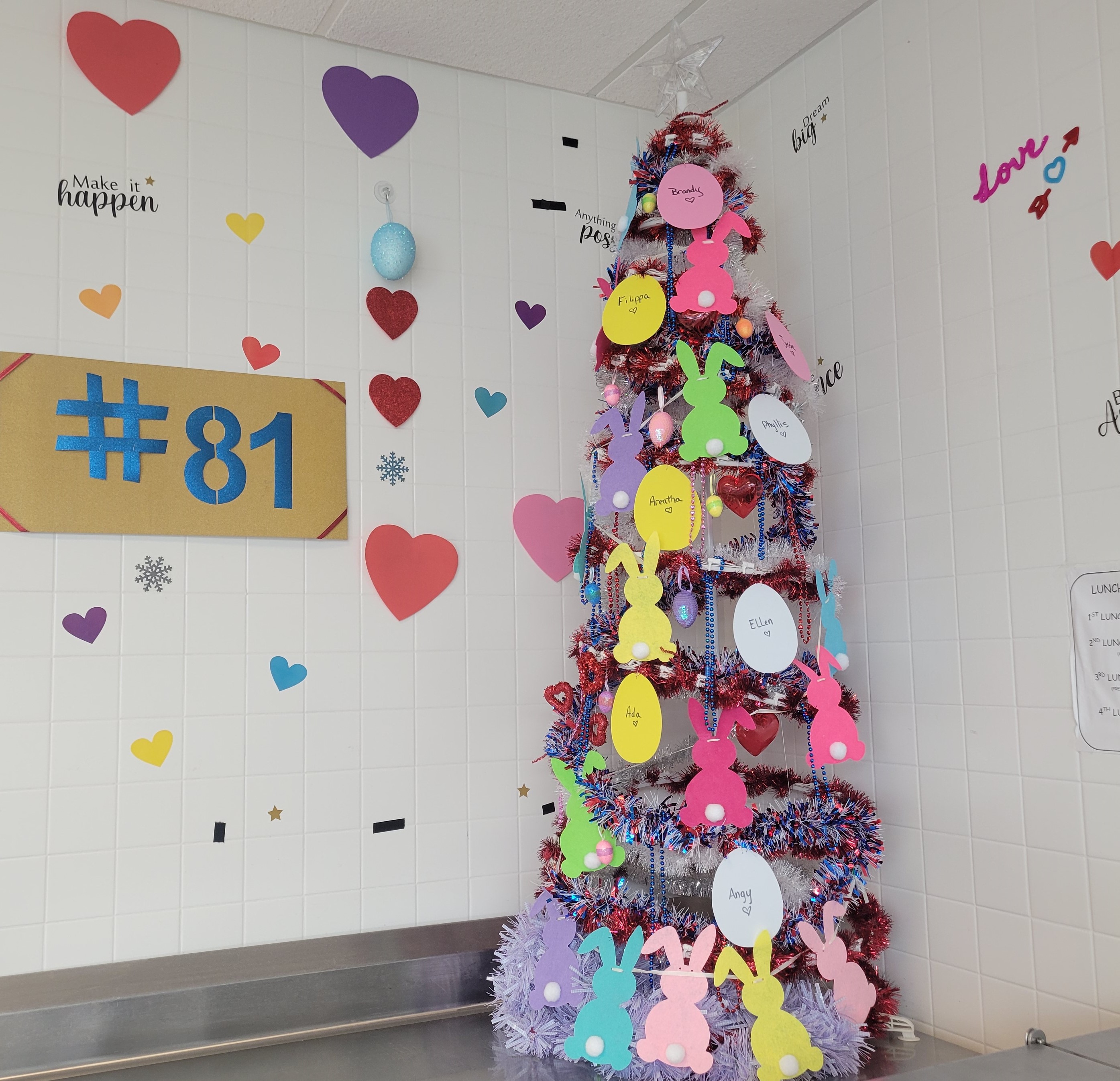 School 81 cafeteria decorated for Valentine's and Easter