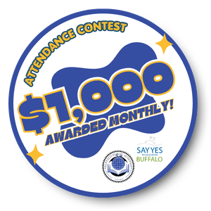 Circular badge announcing an attendance contest with the text “Attendance Contest: $1,000 Awarded Monthly!” The design features blue and gold accents and includes the Buffalo Public Schools logo and Say Yes Buffalo logo.