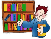 Man pointing at bookcase filled with books