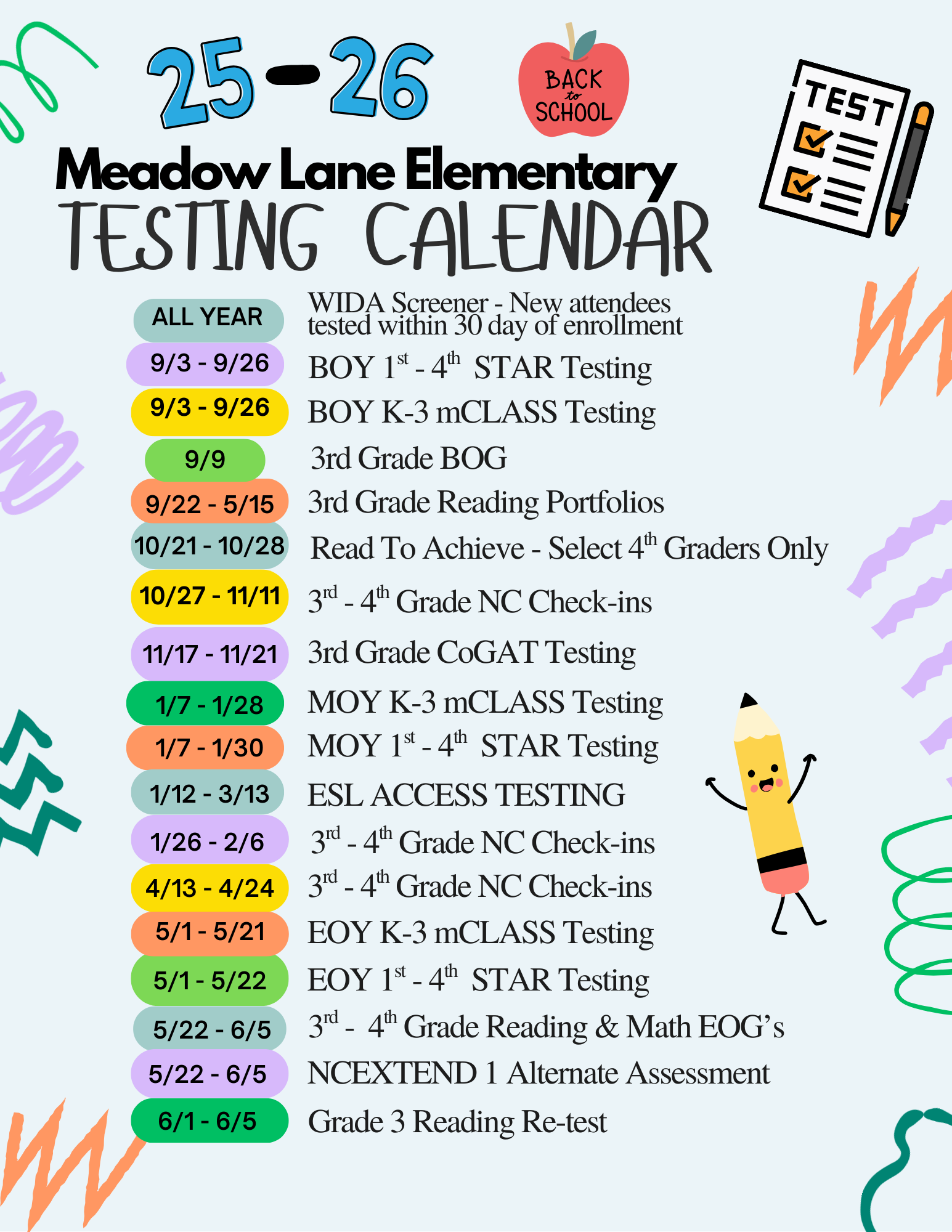 testing calendar with 25-26 dates and a pencil, test and apple image