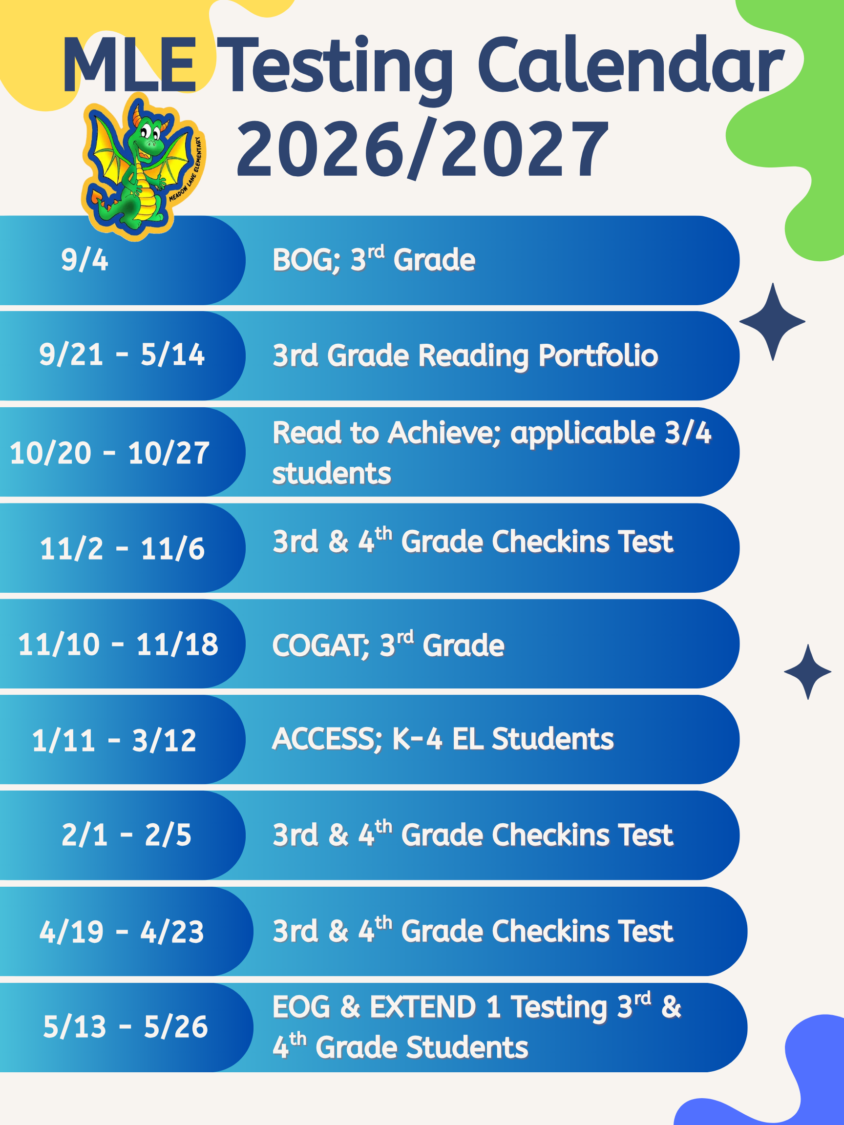 2026-2027 mle testing calendar dates