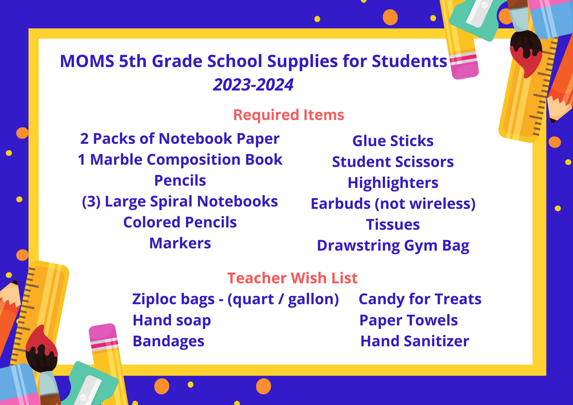 5th Grade School Supply List