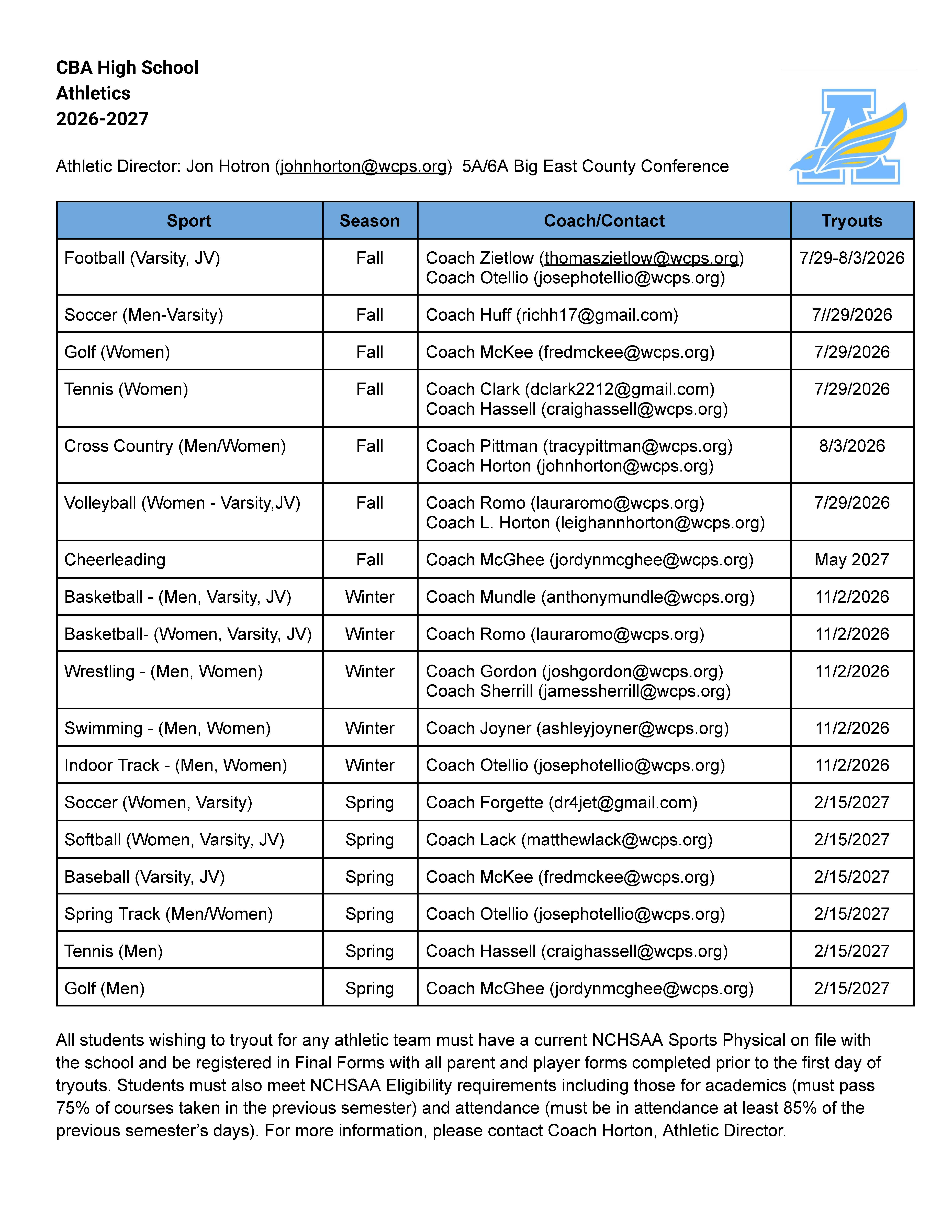 CBA Athletic Offerings