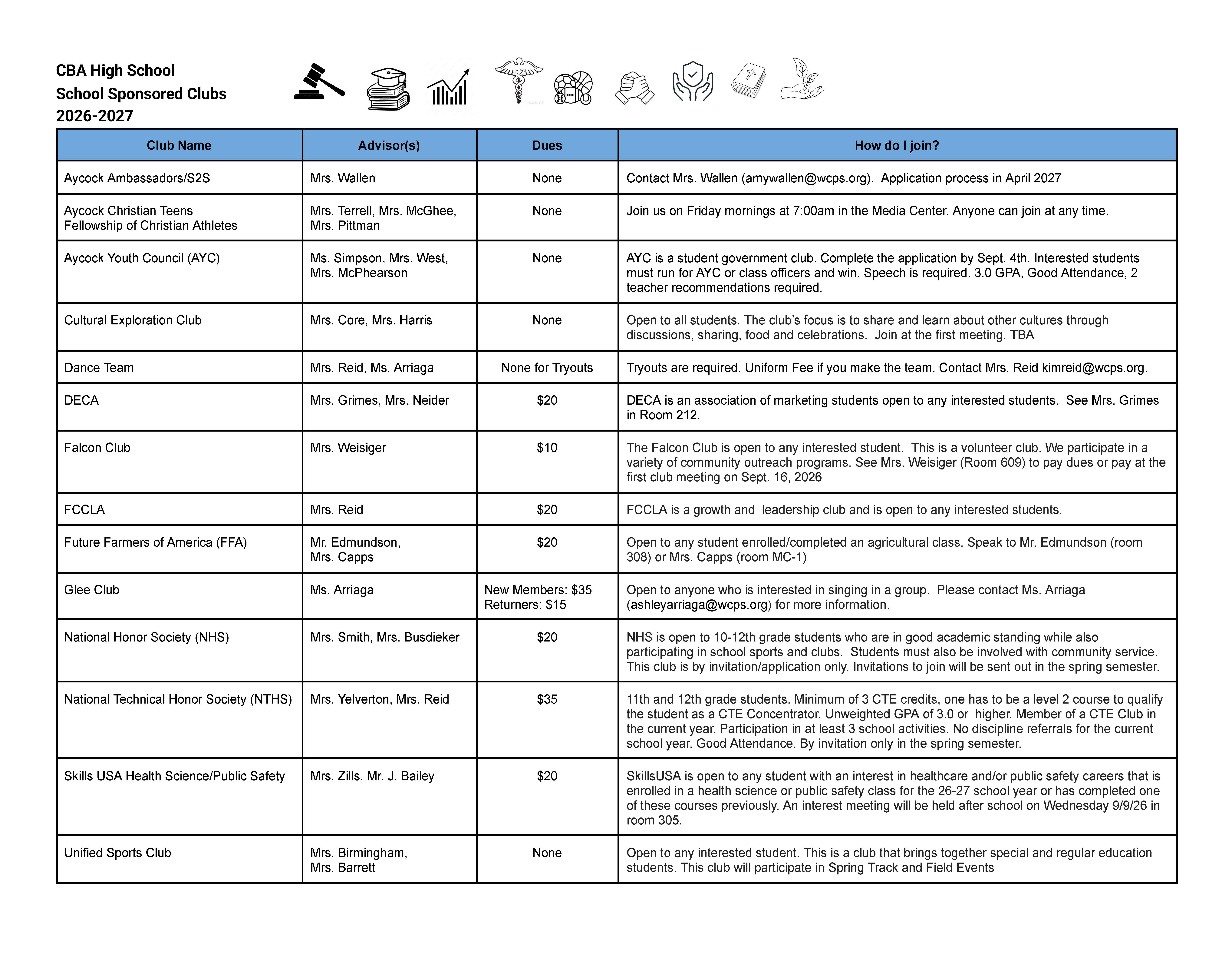 Clubs and activities 2026-2027
