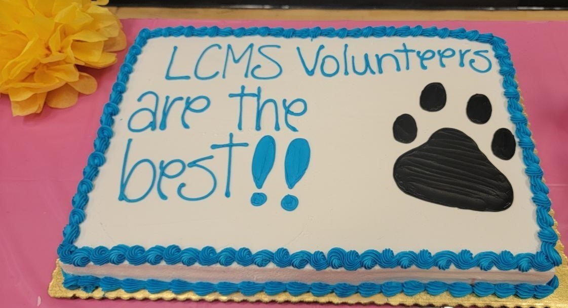 a cake with teal icing that reads "LCMS Volunteers are the BEST!"