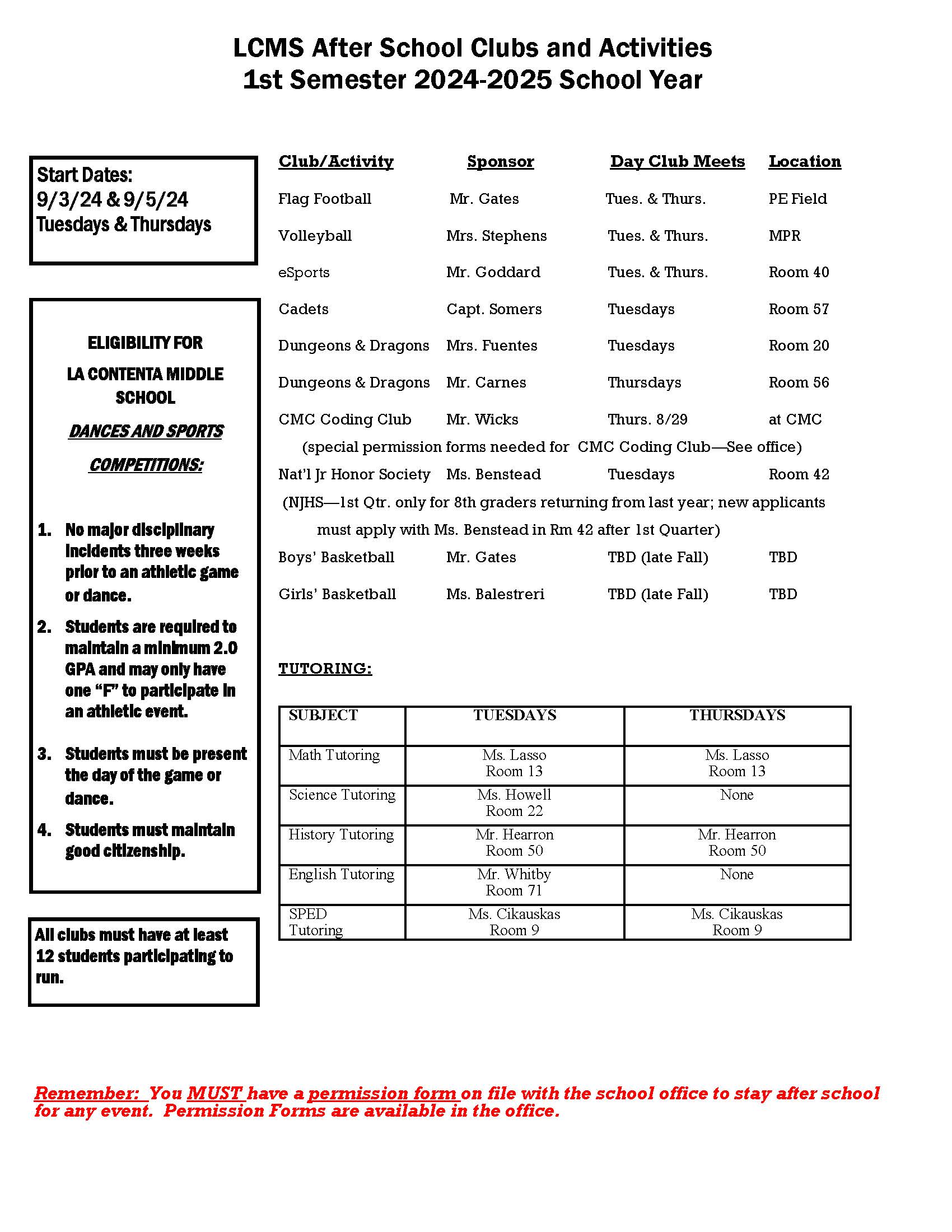 1st Semester After School Activities 24-25