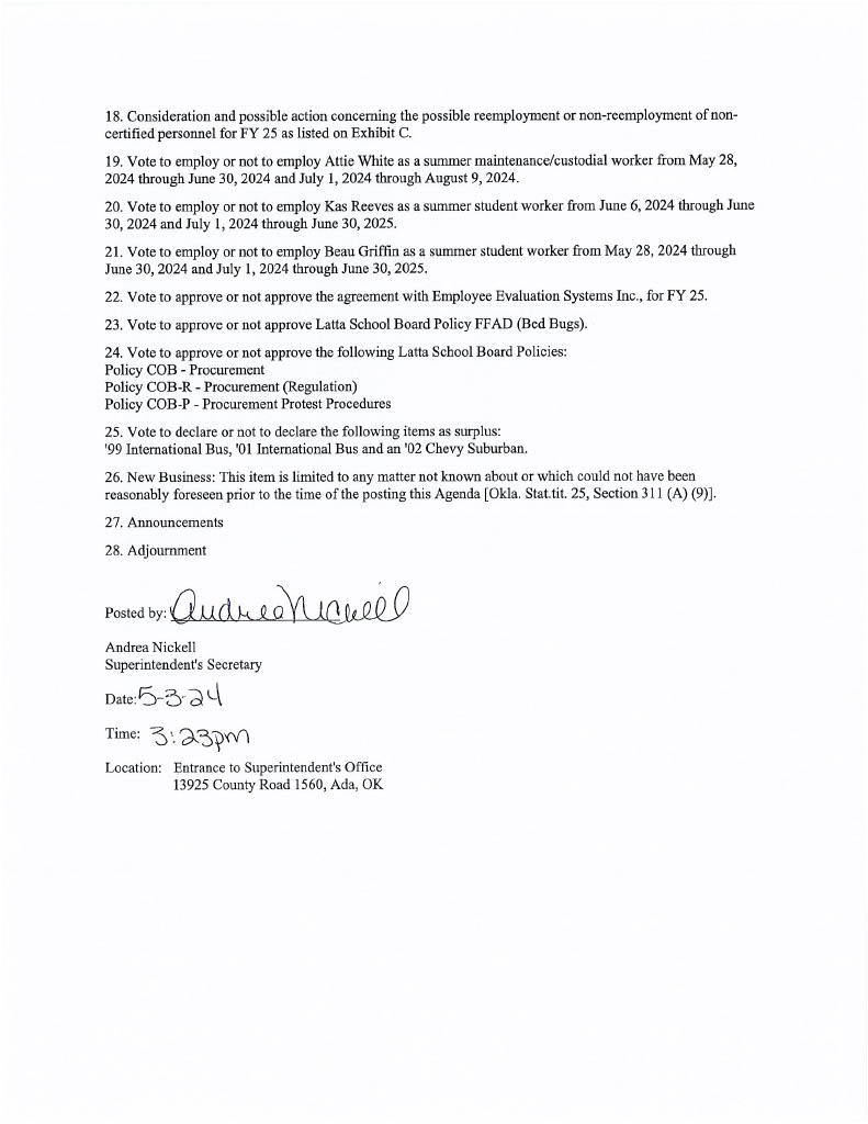 May 2024 Agenda Latta Public School