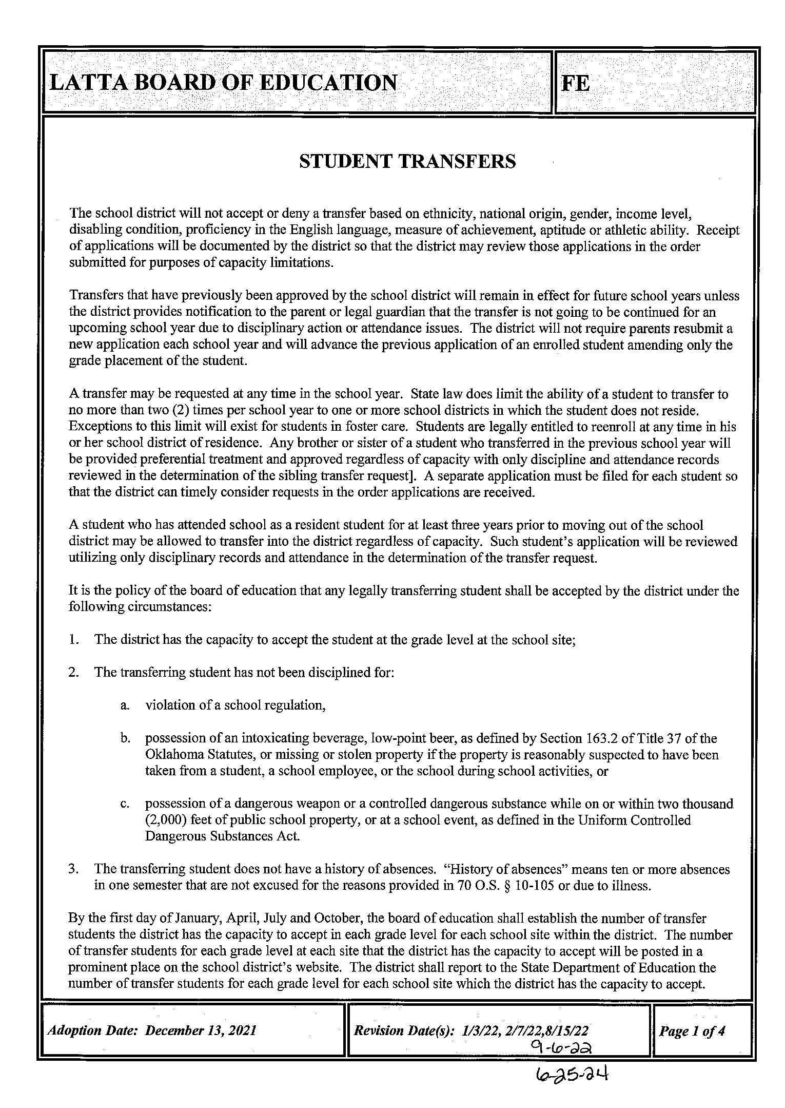 Student Transfers Latta Public School