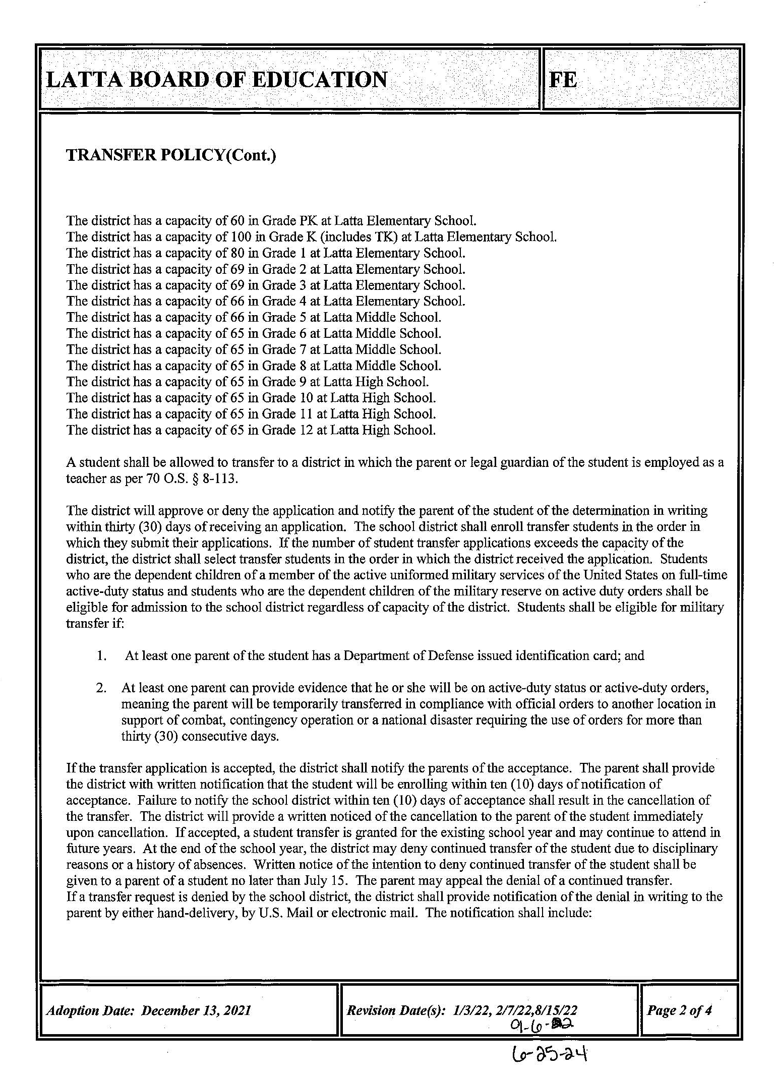 Student Transfers Latta Public School