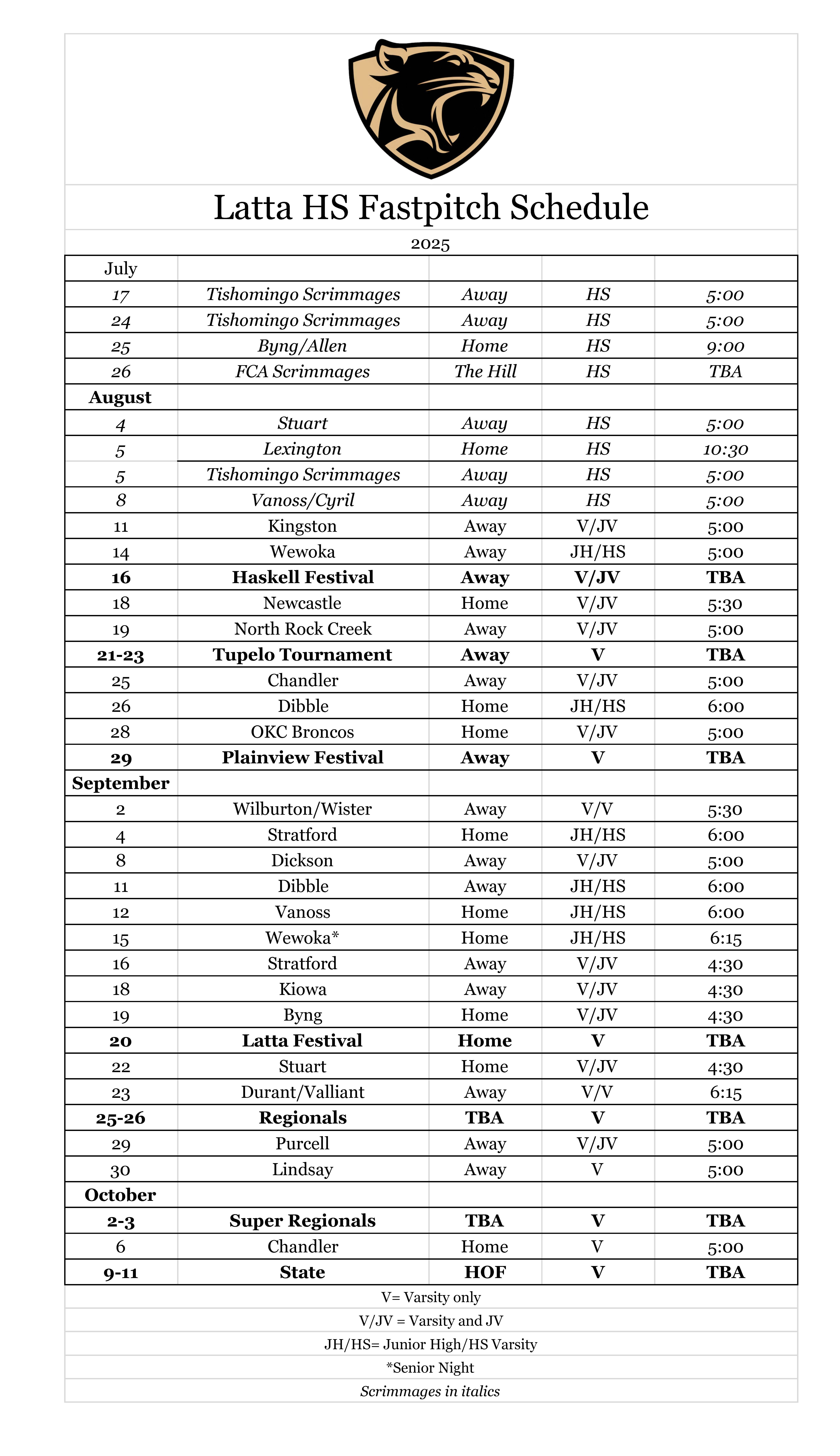 HS Softball Schedule