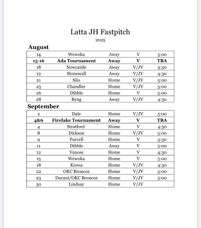 JH softball schedule