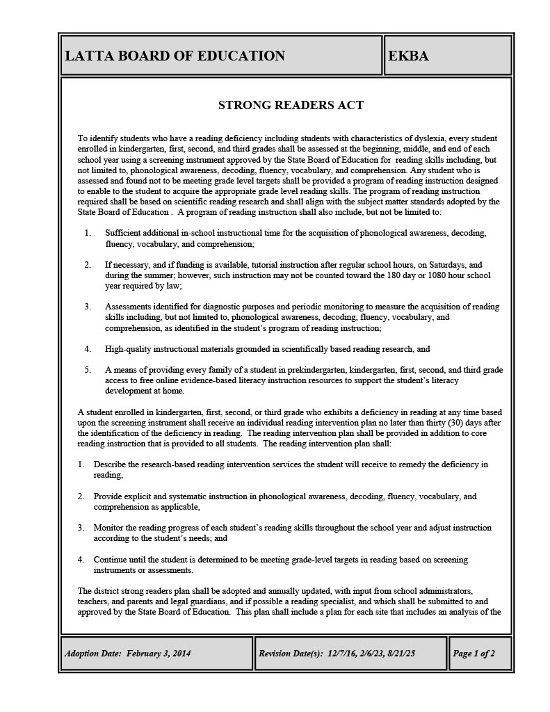 Strong Readers Act Policy EKBA