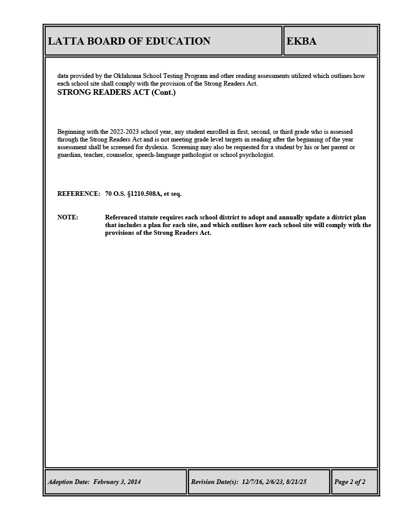 Strong Readers Act Policy EKBA