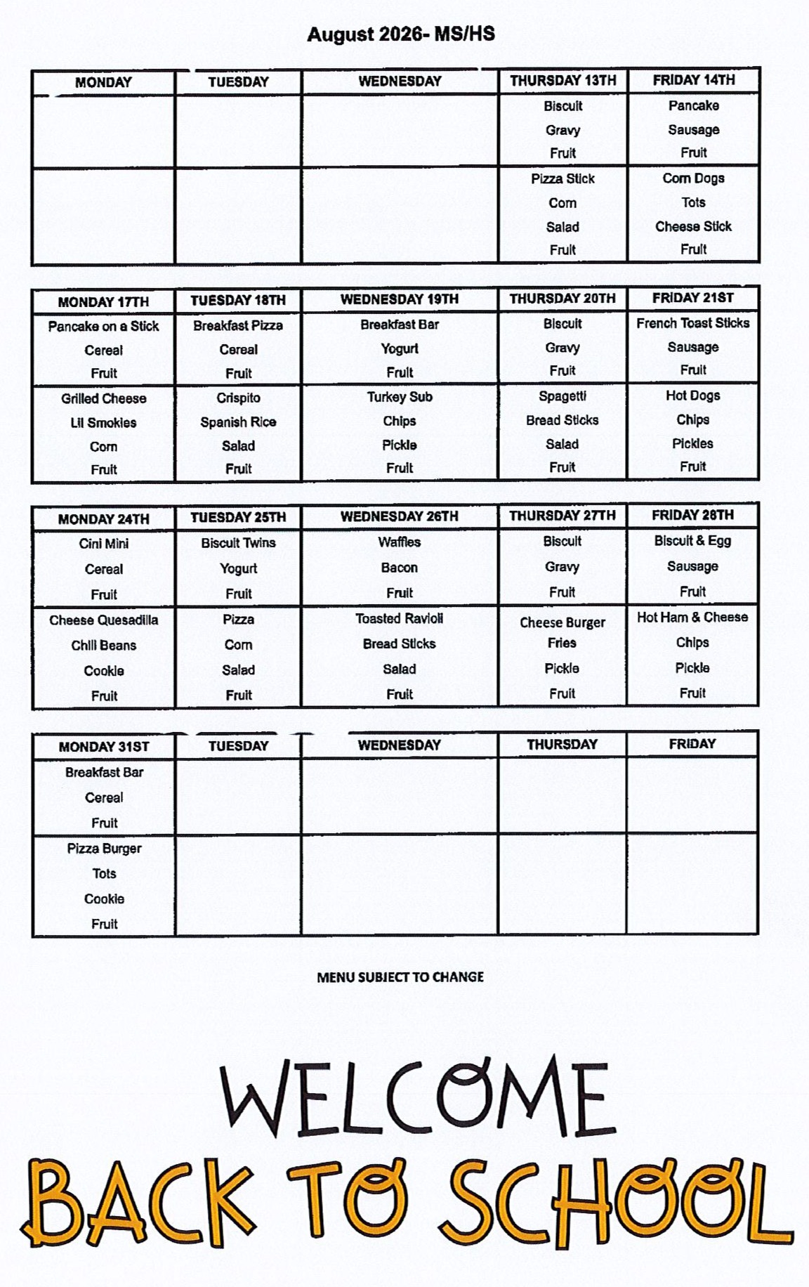 MS/HS Menu