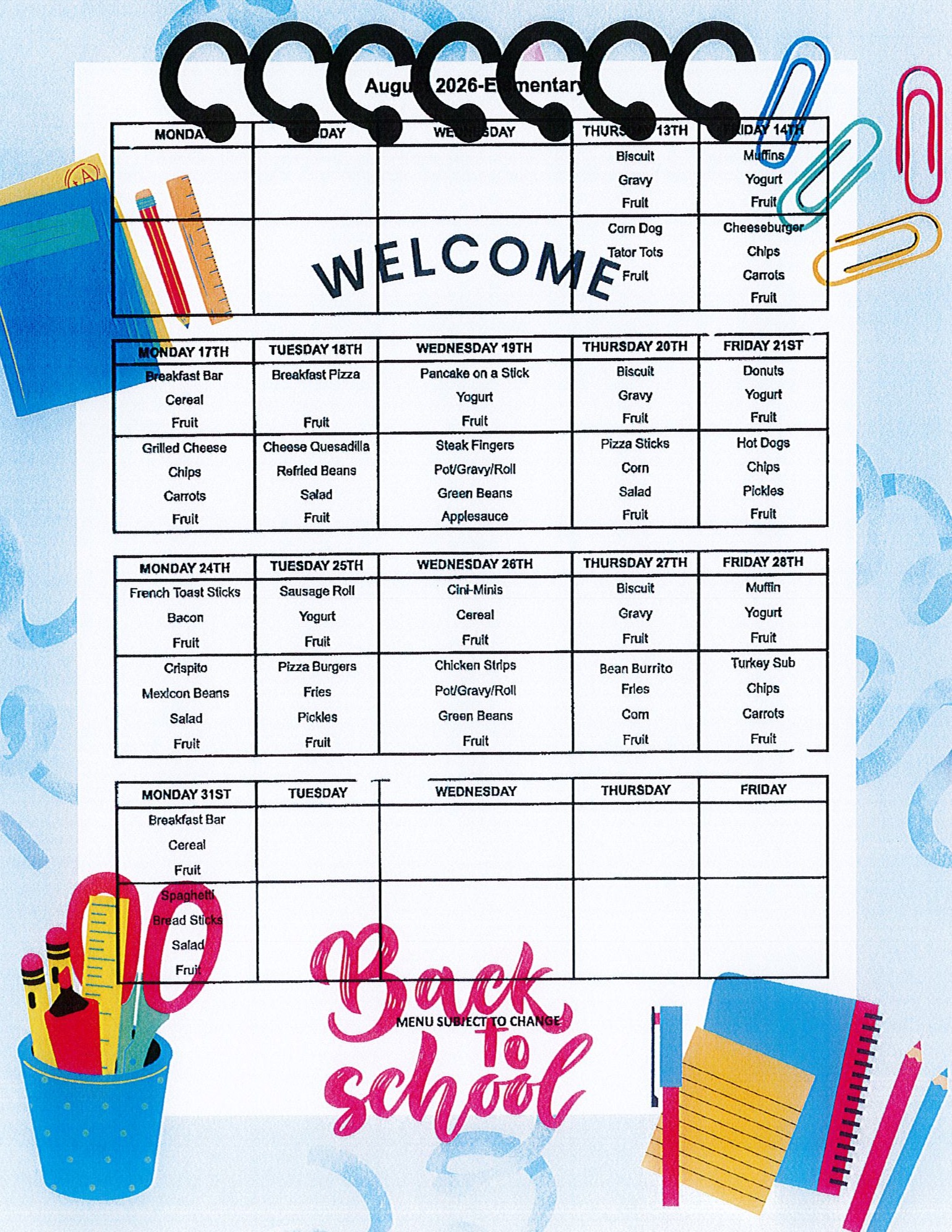 Elementary Menu