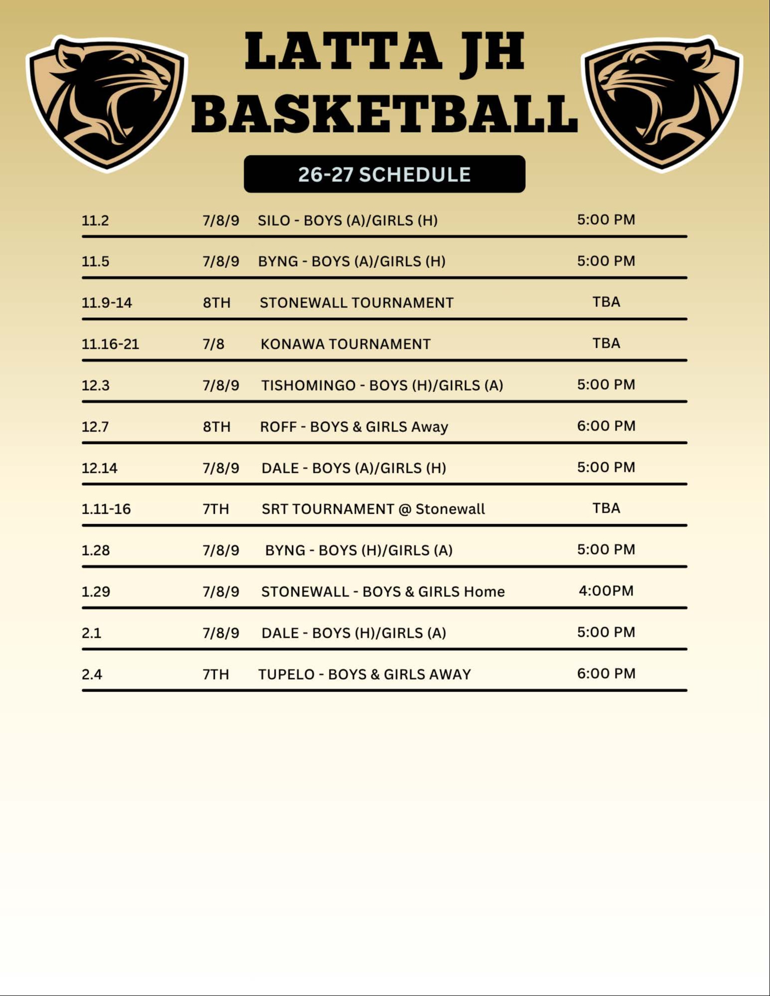 26-27 Middle School Basketball Schedule