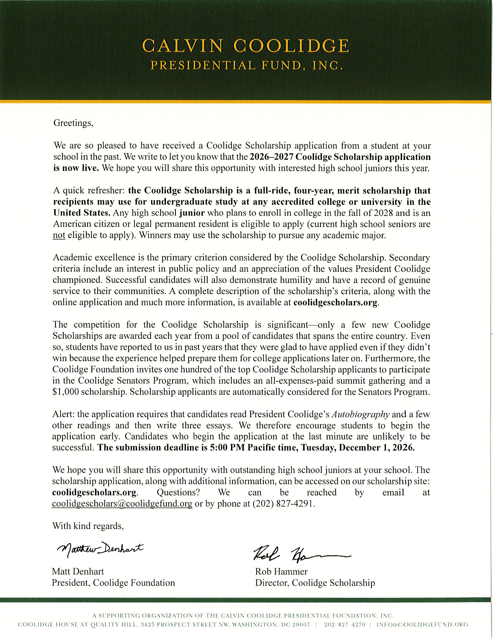 Calvin Coolidge Scholarship