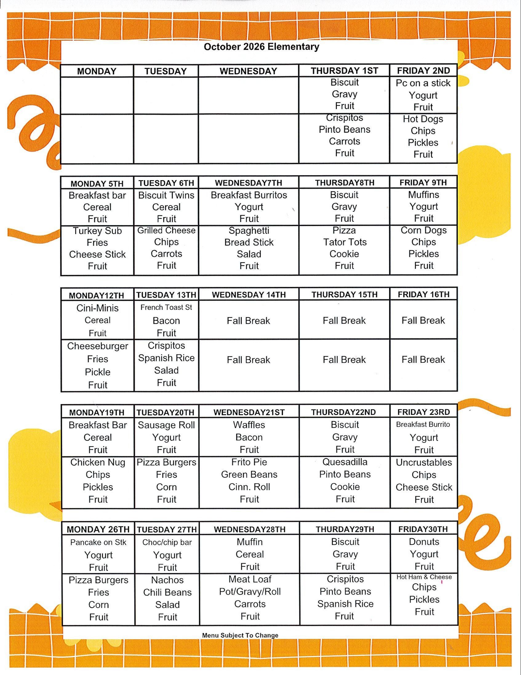 Elementary Menu