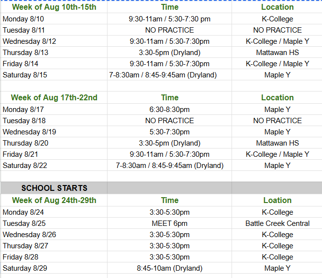 swimming start up schedule