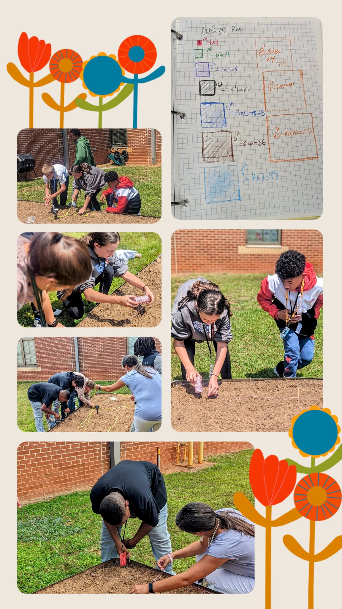 Students pictured dividing beds into square foot grids.