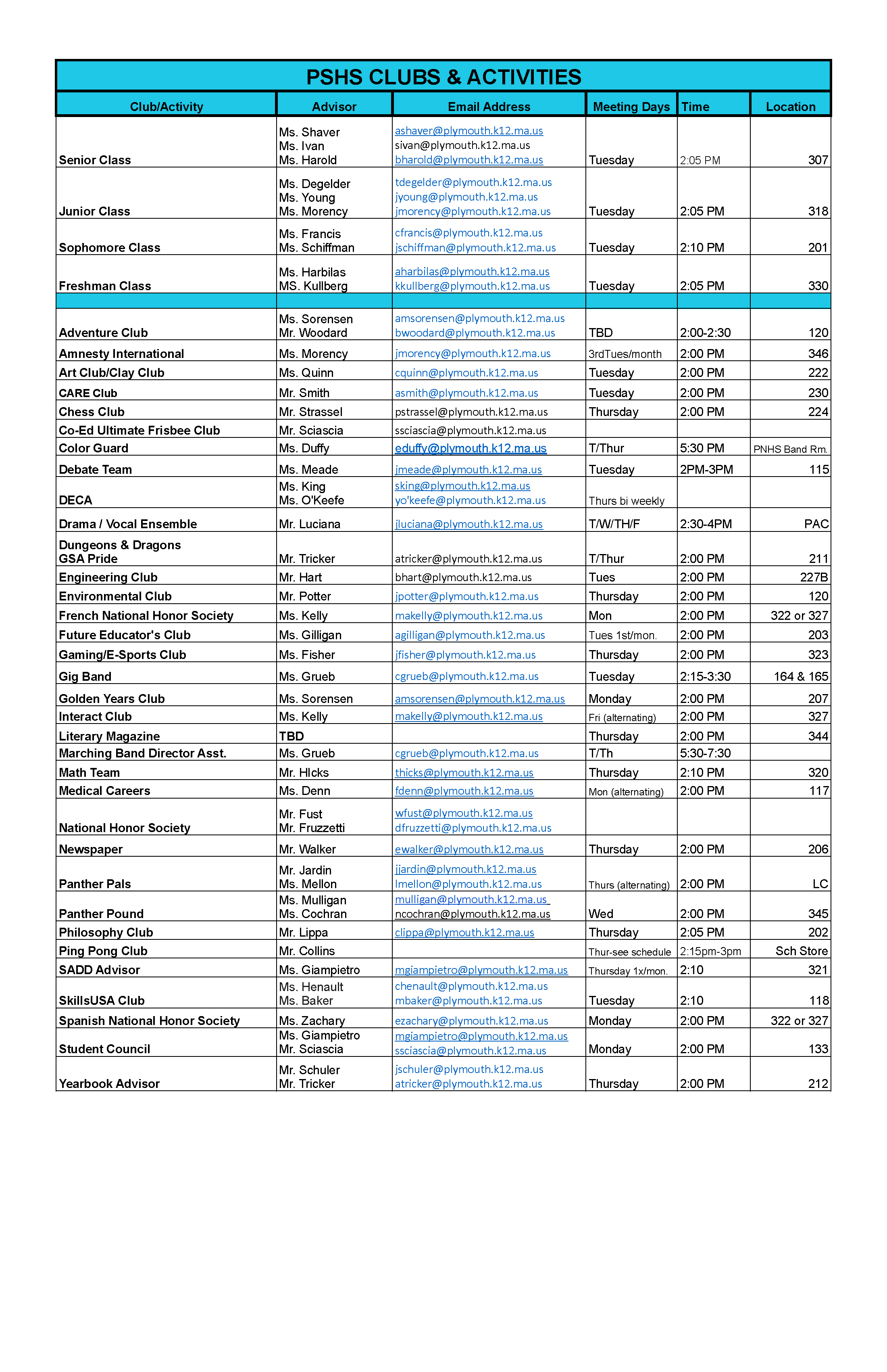 Clubs, days, times 