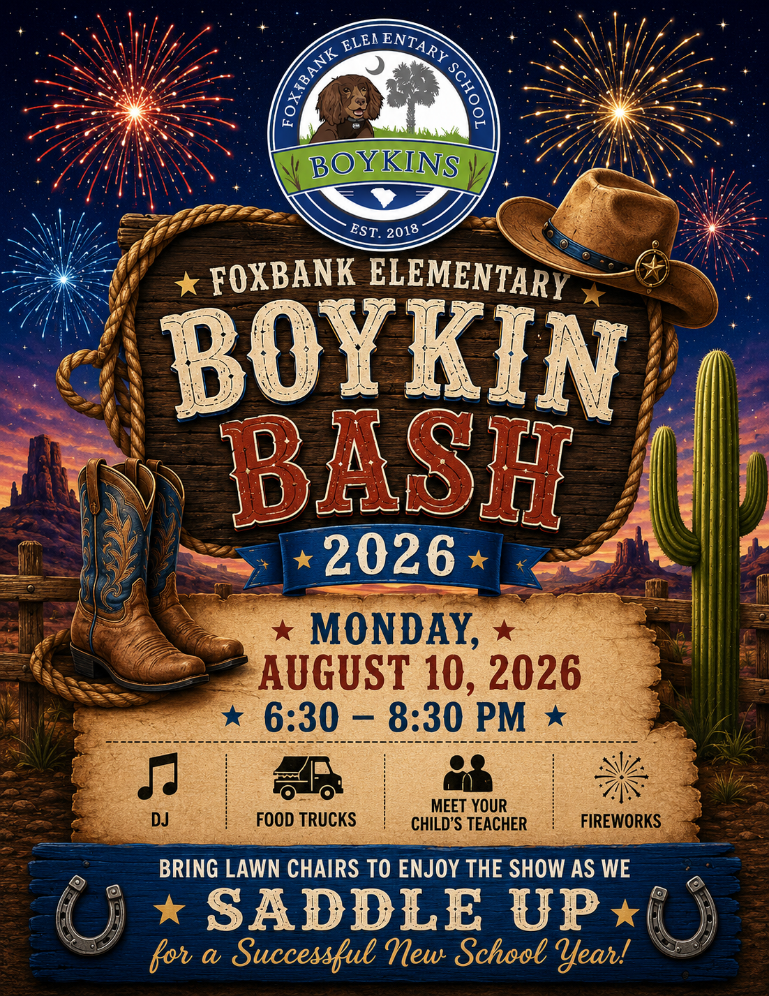 Event poster with "BOYKIN BASH 2026" in large text. Cowboy hat, boots, and cactus in background. Fireworks and text "MONDAY, AUGUST 10, 2026, 6:30-8:30 PM".