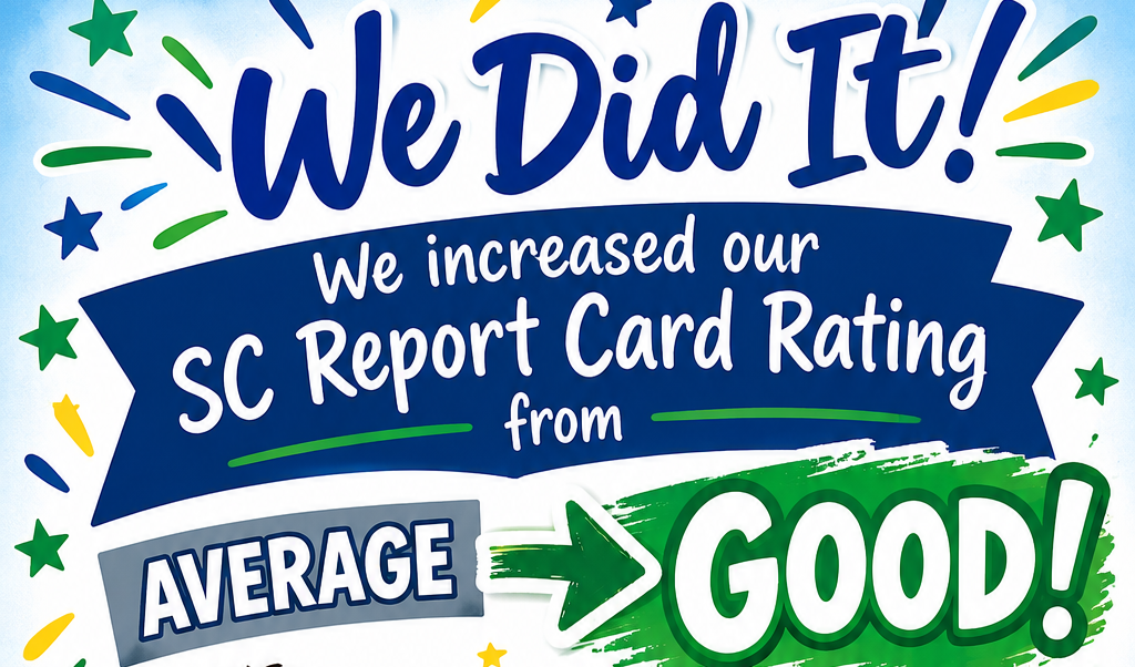 A poster celebrates an improvement in a school report card rating, from average to good. A brown dog with a blue bandana rests on books.