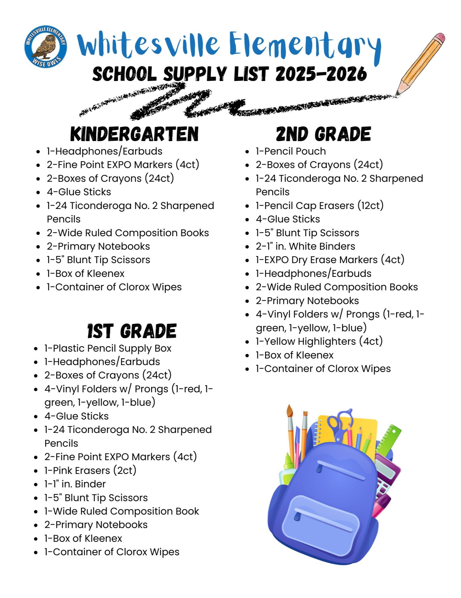 kindergarten through second grade supply list