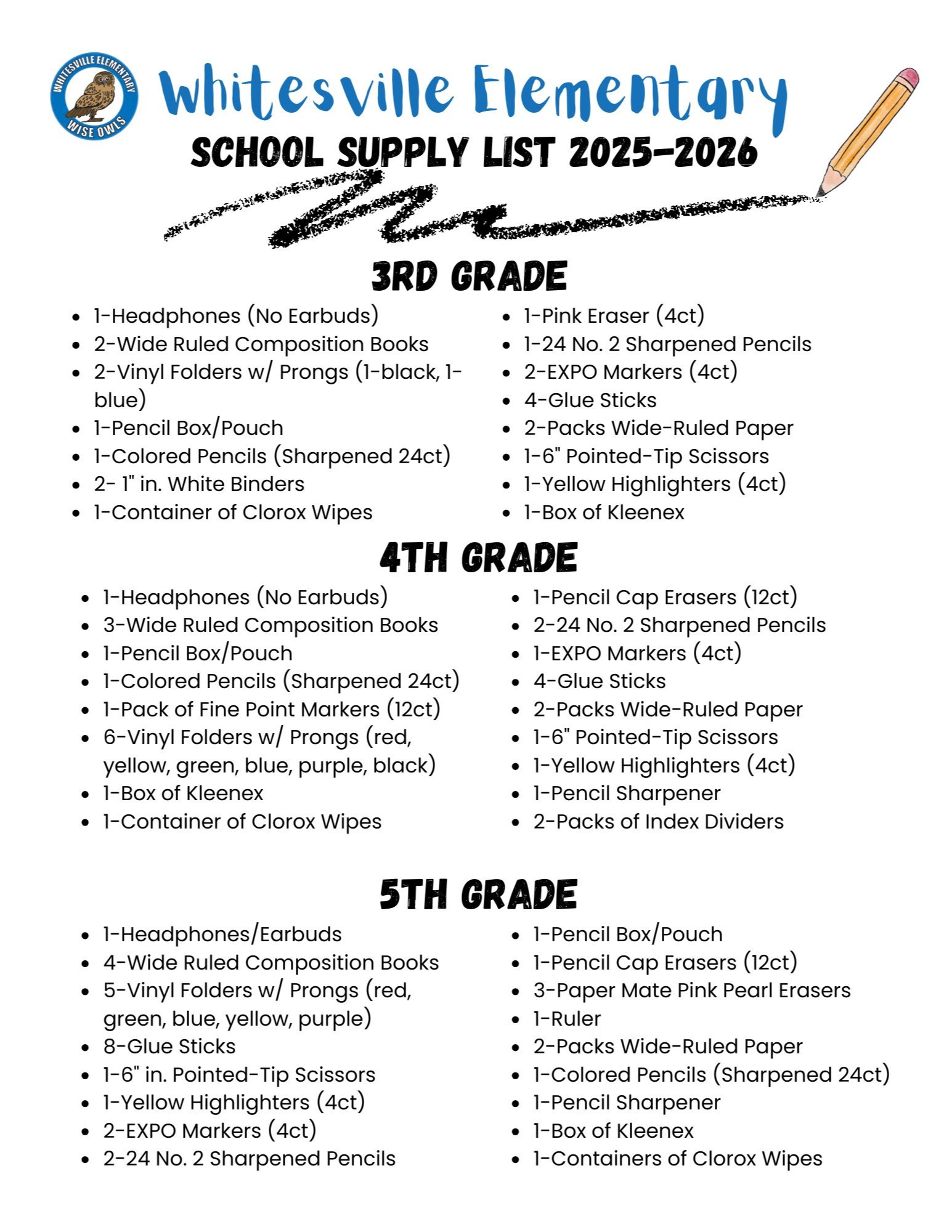 third through fifth grade supply list
