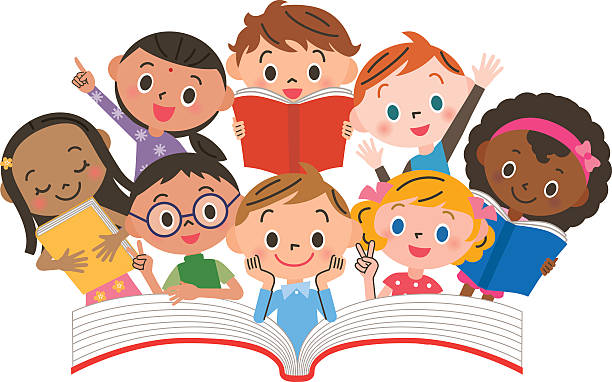 a drawing of several children reading a book