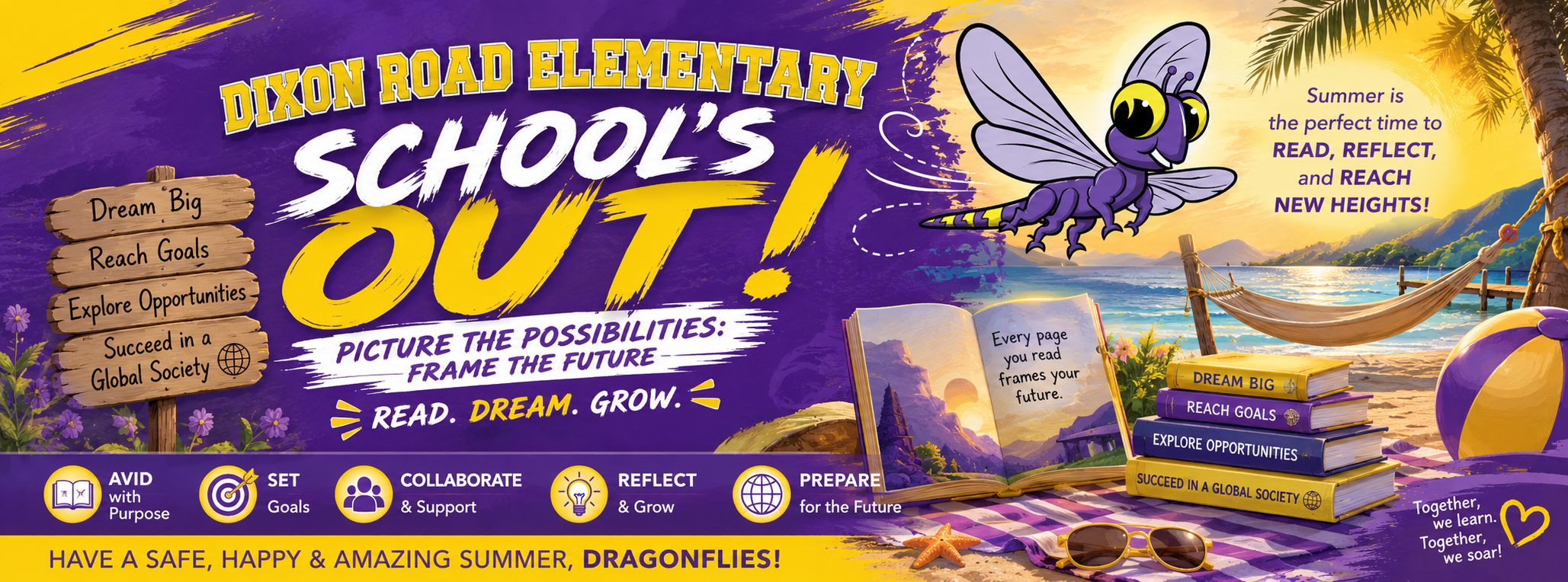 Picture is a dragonfly flying over the beach and books for the summer