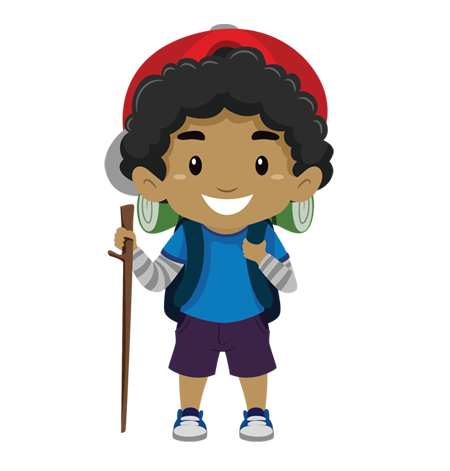 Cartoon character of a young boy hiking