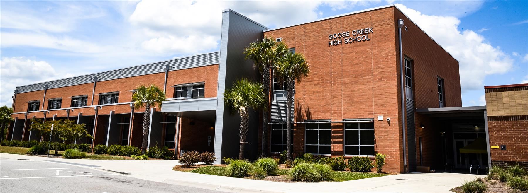 view of the front of the Goose Creek High School building