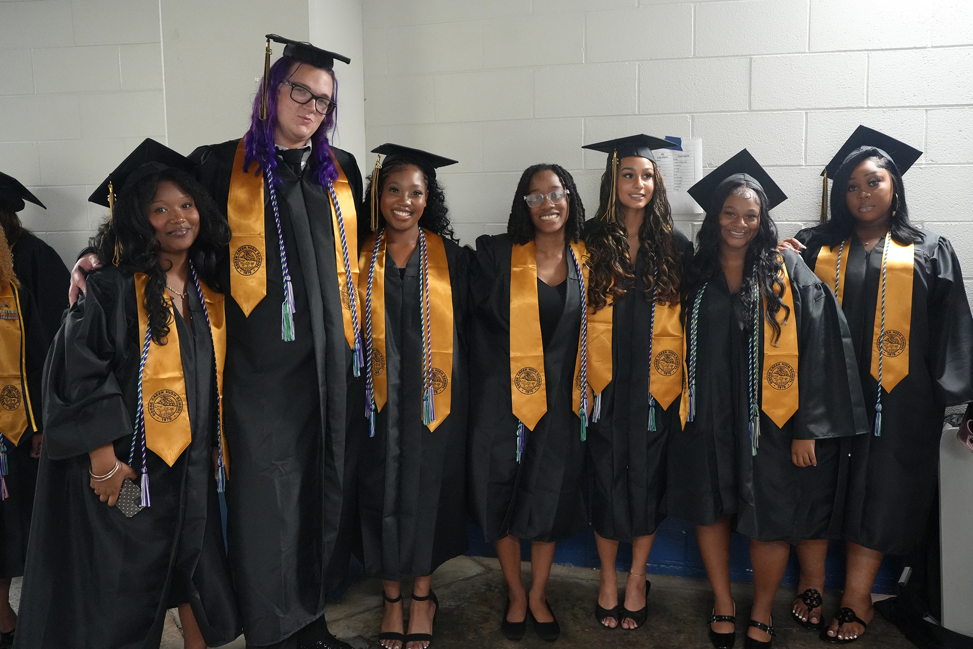 A group of eight women in black gowns and caps are posing for a photo. They have gold sashes around their necks.