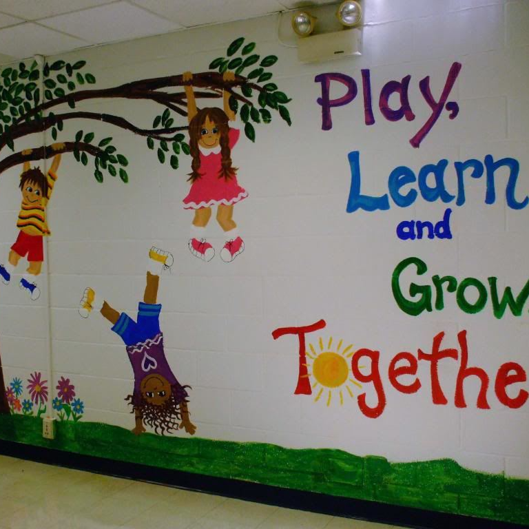 play, learn and grow together and children playing on tree wall art