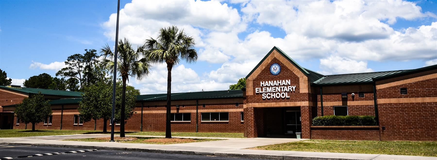 a view of the Hanahan Elementary building, facing the front entrance