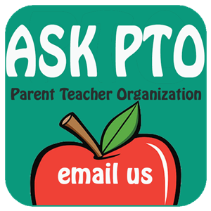 an apple with text reading "Ask PTO Parent Teacher Organization email us"