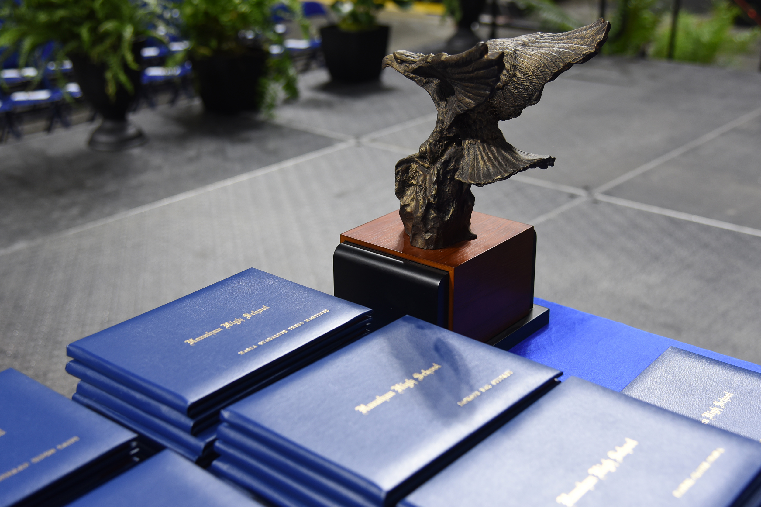 A wooden plaque holds a small bronze eagle statue. It sits atop a blue table with several blue folders.