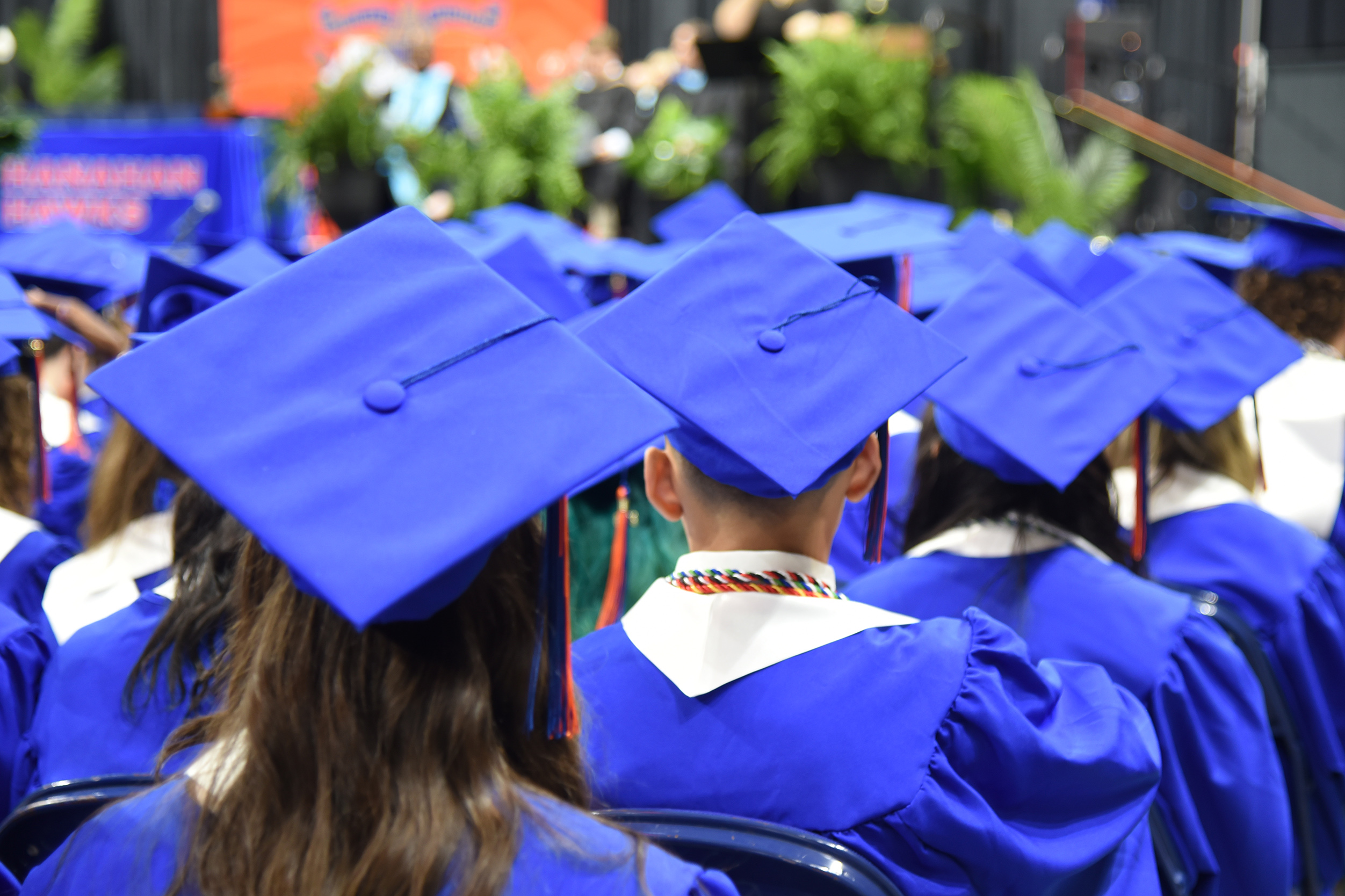 People in blue graduation gowns and caps attend a ceremony. Several people sit in the foreground.
