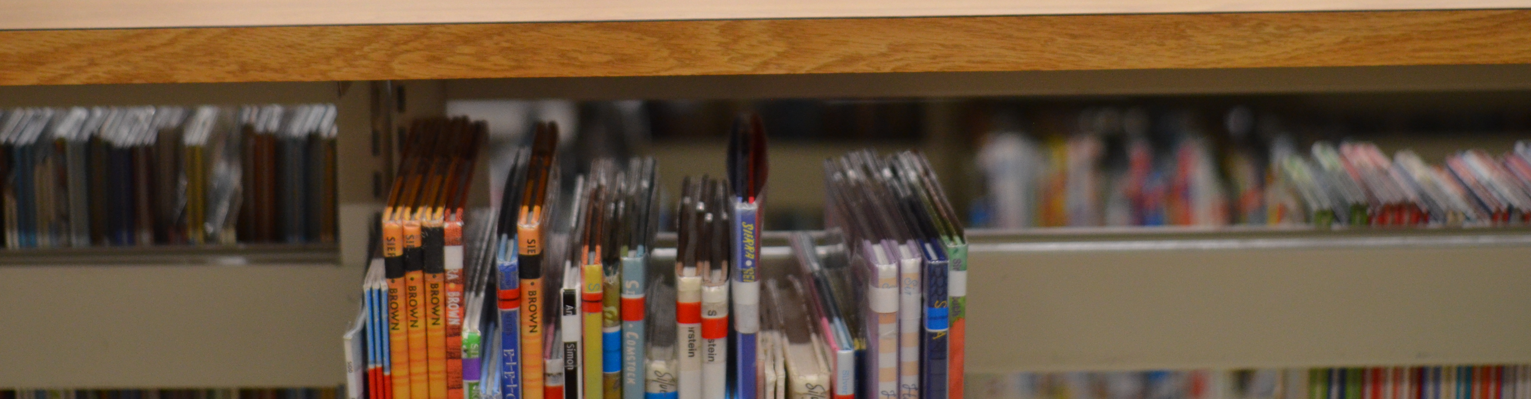 Looking over books in a bookshelf and continued rows of bookshelfs