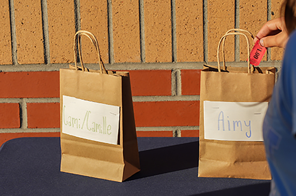 Two paper bags with handles, one labeled "Aimy" and the other "Gerri/Carrie," on a table with a brick wall in the background.